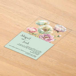Invitaciones Acrílicas Peonías al aguarela vintage para boda en salvia