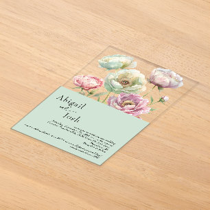 Invitaciones Acrílicas Peonías al aguarela vintage para boda en salvia