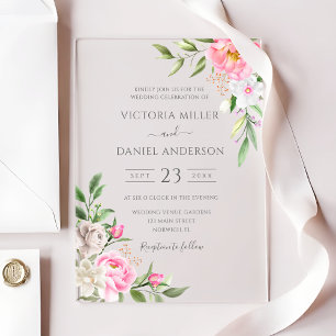 Invitaciones Acrílicas Peonías Florales Acuarela Rosa Boda Elegante