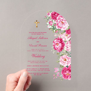 Invitaciones Acrílicas Peonías Rosa Caliente Arco Boda Religiosa