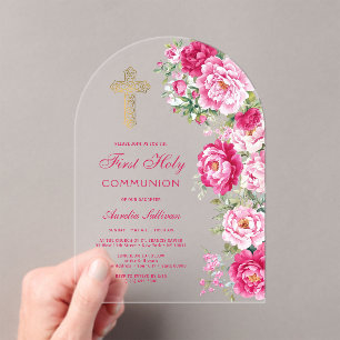 Invitaciones Acrílicas Peonías Rosa Caliente Arco Primera Comunión