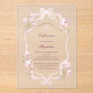 Invitaciones Acrílicas peonías rosadas niña de confirmación
