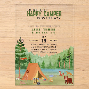 Invitaciones Acrílicas Pequeña aventura de camping en el bosque Baby Show