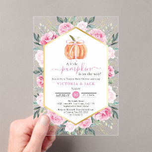 Invitaciones Acrílicas Pequeña Calabaza Hojas Florales Rosa Caen Baby Sho