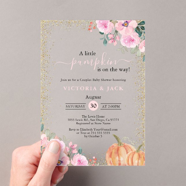Invitaciones Acrílicas Pequeña Calabaza Rosa Flor Caída Baby Shower (Insitu (portátil))