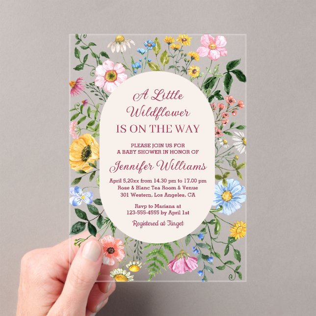 Invitaciones Acrílicas pequeña flor silvestre, guión rojo floral, ducha d (Insitu (portátil))