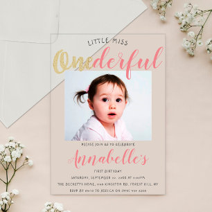 Invitaciones Acrílicas Pequeña Miss Maravillosa Foto Primer Cumpleaños