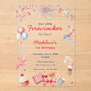 Invitaciones Acrílicas Pequeña petardo chica del 4 de julio cumpleaños 1