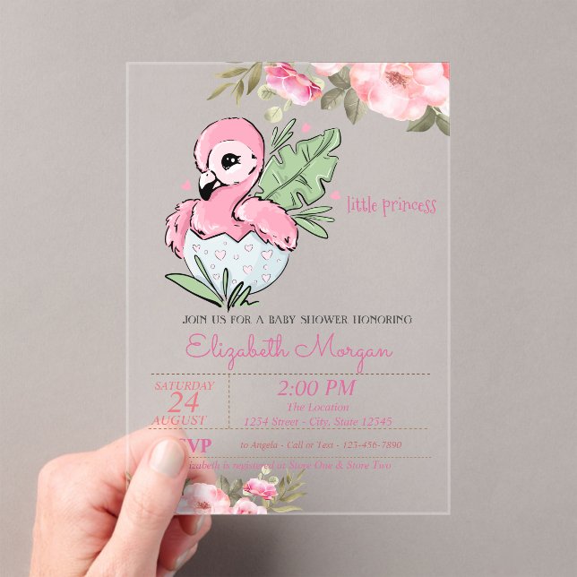 Invitaciones Acrílicas Pequeña Princesa, Baby Flamingo Floral Baby Shower (Insitu (portátil))