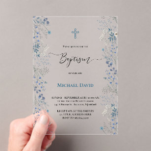Invitaciones Acrílicas pequeñas flores acuarelas azules Bautizo