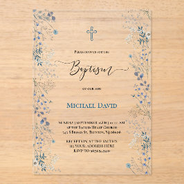 Invitaciones Acrílicas pequeñas flores acuarelas azules Bautizo