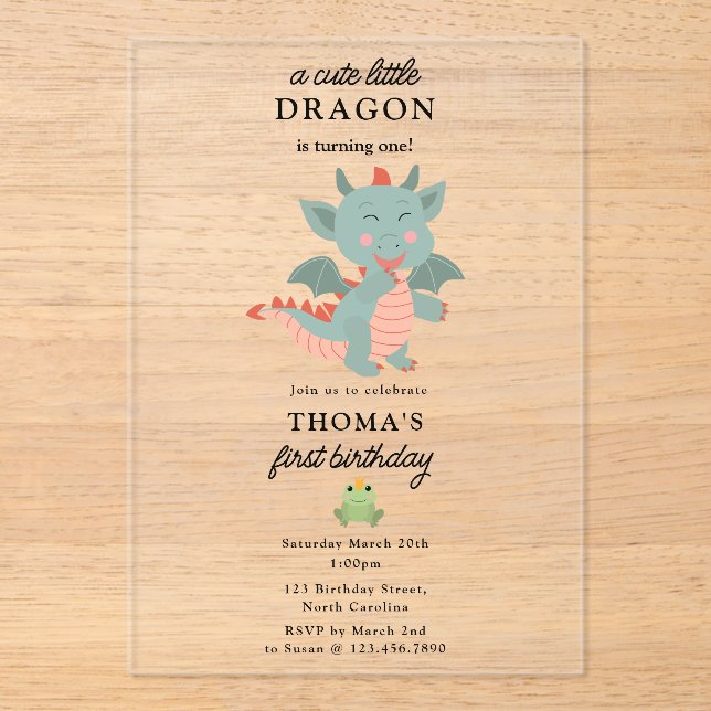 Invitaciones Acrílicas Pequeño Dragón niño Fiesta de cumpleaños (Anverso)