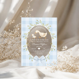 Invitaciones Acrílicas Pequeño Ganso Tonto Fiesta de Bebé Gingham Azul