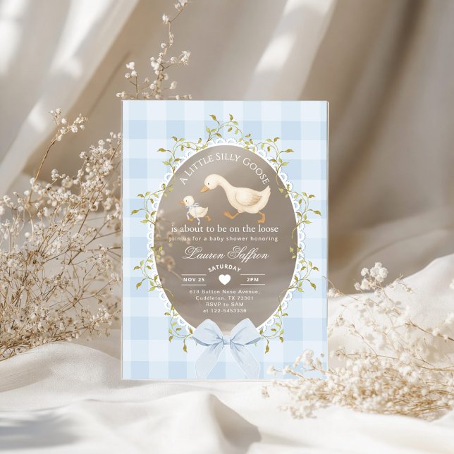 Invitaciones Acrílicas Pequeño Ganso Tonto Fiesta de Bebé Gingham Azul (Subido por el creador)