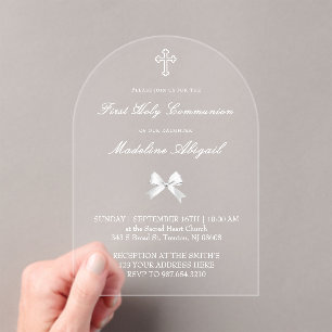 Invitaciones Acrílicas pequeño lazo blanco Primera Comunión
