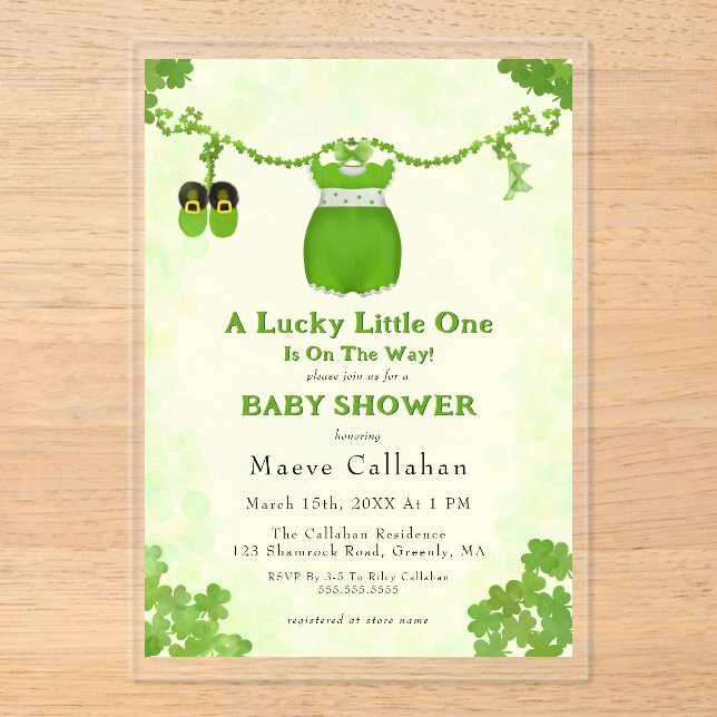 Invitaciones Acrílicas Pequeño Lucky One Shamrock Bebé (Anverso)