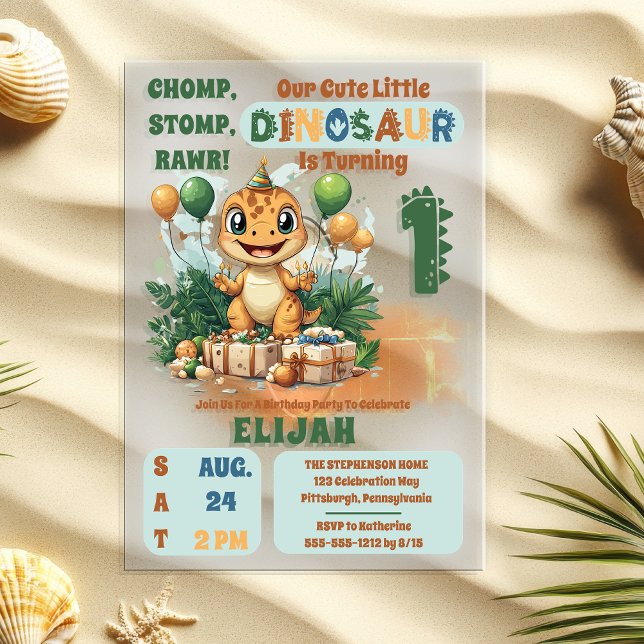 Invitaciones Acrílicas Pequeño niño de dinosaurio lindo primer Fiesta de  ("Chomp, Stomp, Rawr!" "Our Cute Little Dinosaur Is Turning 1" 1st Birthday Party Acrylic Invitation)