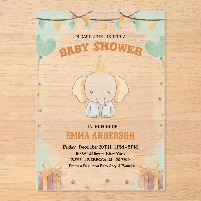 Invitaciones Acrílicas Pequeños sueños de maní - Baby Shower de elefantes (Anverso)
