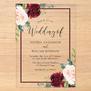 Invitaciones Acrílicas Perfección Rosada: Borde de Boda Floral Acuarela