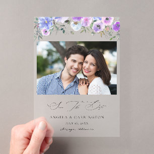 Invitaciones Acrílicas Peri & Floral Morado Ahorra la Fecha Foto