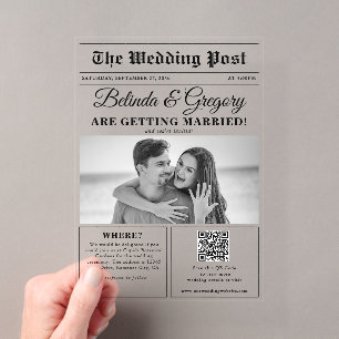 Invitaciones Acrílicas Periódico de Boda Divertido Foto en Blanco y Negro