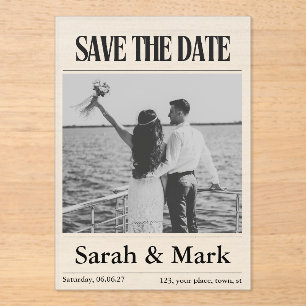 Invitaciones Acrílicas Periódico Guarda la Fecha Vintage foto personaliza