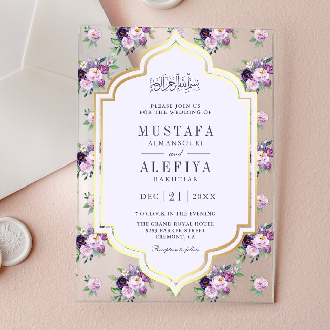 Invitaciones Acrílicas Periwinkle Gold Purple Floral Muslim Wedding (Subido por el creador)