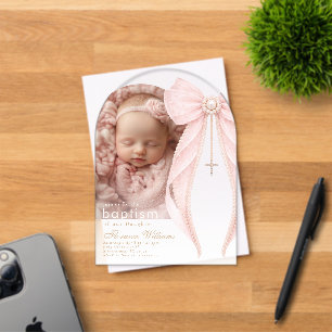 Invitaciones Acrílicas Perlas con Lazo Rosa Foto Bautizo de niña