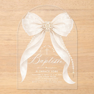 Invitaciones Acrílicas Perlas de Arco de Marfil Niña Bautizo Religioso