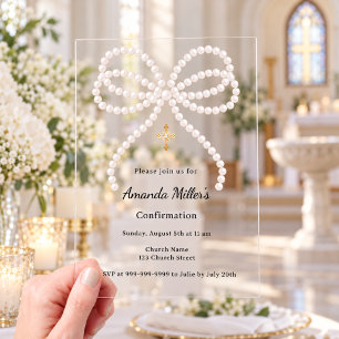 Invitaciones Acrílicas Perlas de lazo rosa confirmación de lujo claro par