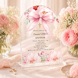 Invitaciones Acrílicas Perlas de lazo rosa florales niña arco de Bautizo