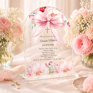 Invitaciones Acrílicas Perlas de lazo rosa florales niña arco de Bautizo 