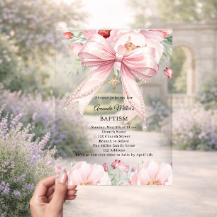 Invitaciones Acrílicas Perlas de lazo rosa florales niña claro Bautizo
