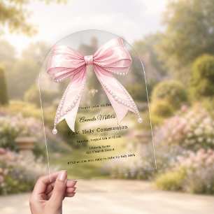 Invitaciones Acrílicas Perlas de lazo rosa lujo Primera Comunión arco