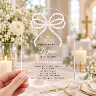 Invitaciones Acrílicas Perlas de lazo rosa niña lujo Bautizo arco