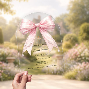 Invitaciones Acrílicas Perlas de lazo rosa niña lujo Confirmación arco
