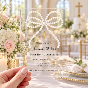 Invitaciones Acrílicas Perlas de lazo rosa niña Primera Comunión
