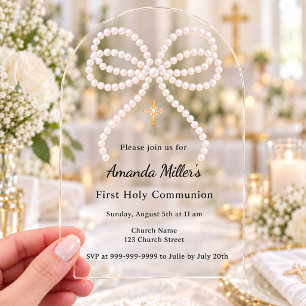 Invitaciones Acrílicas Perlas de lazo rosa niña Primera Comunión Arco