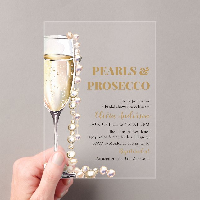Invitaciones Acrílicas Perlas de oro elegantes y ducha de novia Prosecco (Insitu (portátil))