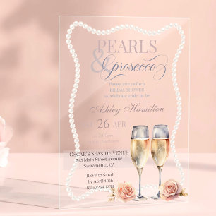 Invitaciones Acrílicas Perlas elegantes y brindis de prosecco para desped