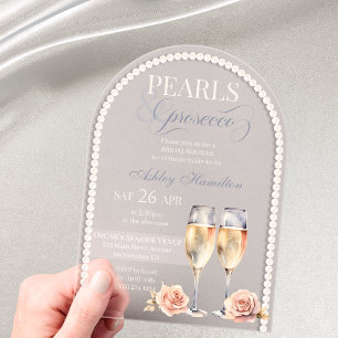 Invitaciones Acrílicas Perlas elegantes y Brindis nupcial con prosecco