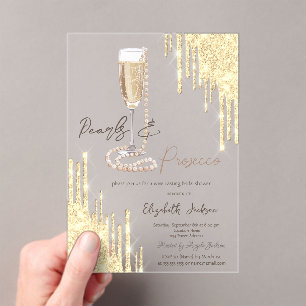 Invitaciones Acrílicas Perlas Prosecco Gold Glitter Drips Despedida de so