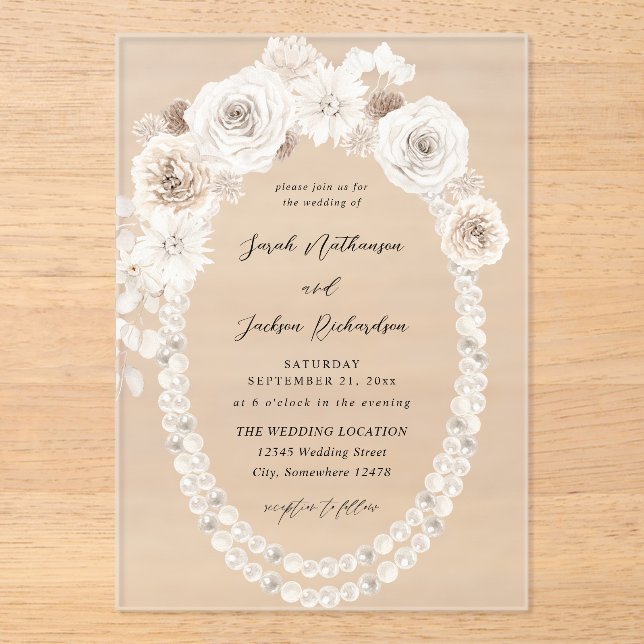Invitaciones Acrílicas Perlas y Boda Floral Blanco V2 (Anverso)