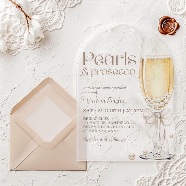 Invitaciones Acrílicas Perlas y flores nupciales de Prosecco (Subido por el creador)