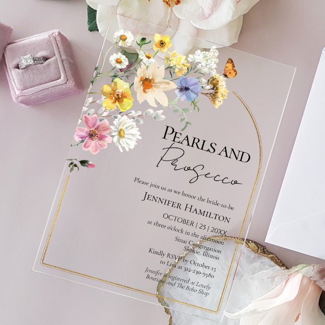 Invitaciones Acrílicas Perlas y flores silvestres de Prosecco (Subido por el creador)