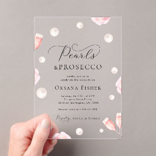 Invitaciones Acrílicas Perlas y Prosecco Ducha Bridal Transparente Rosa