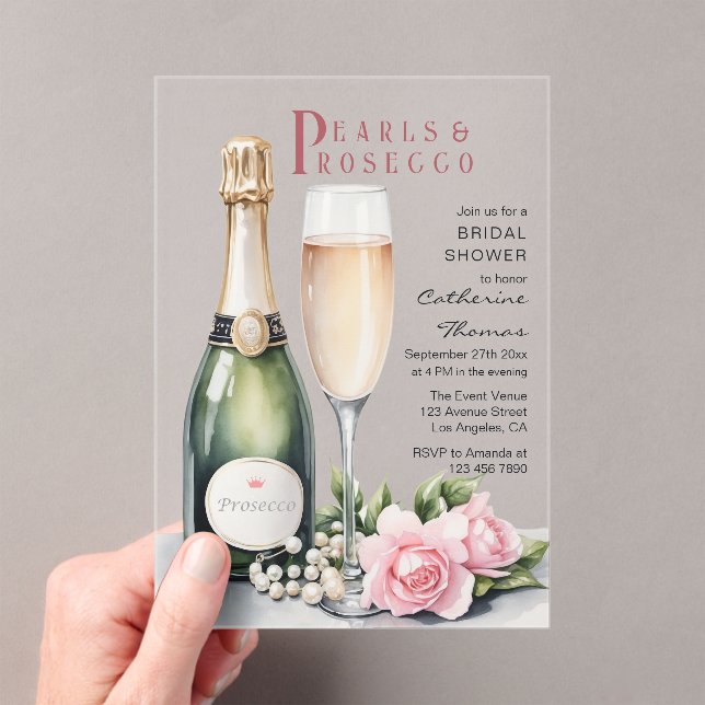 Invitaciones Acrílicas Perlas Y Prosecco Floral Elegante Ducha Bridal (Insitu (portátil))