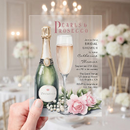 Invitaciones Acrílicas Perlas Y Prosecco Floral Elegante Ducha Bridal