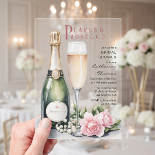 Invitaciones Acrílicas Perlas Y Prosecco Floral Elegante Ducha Bridal