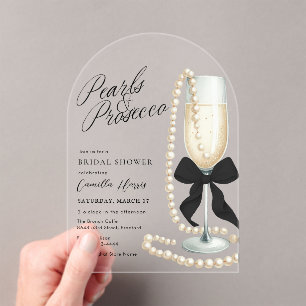 Invitaciones Acrílicas Perlas y Prosecco Lazo Negro Despedida de Soltera